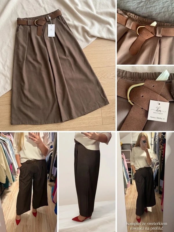 Spodnie Palazzo / Szerokie Nogawki z Paskiem | M/L Brązowe